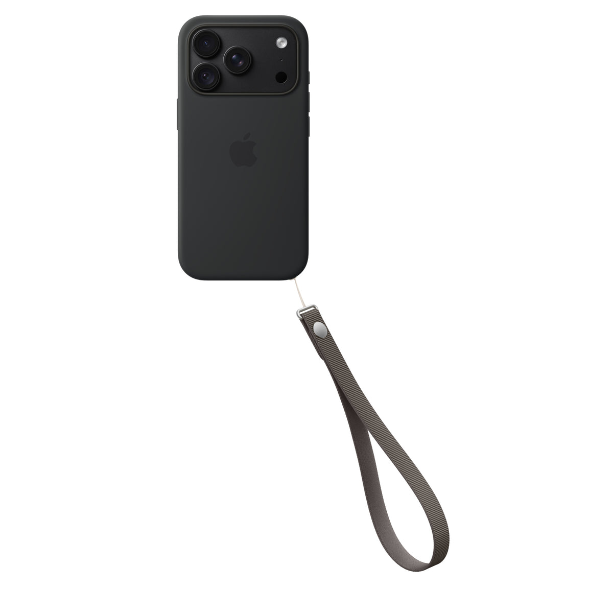 Apple Wrist Strap in Taupe attached to an iPhone case