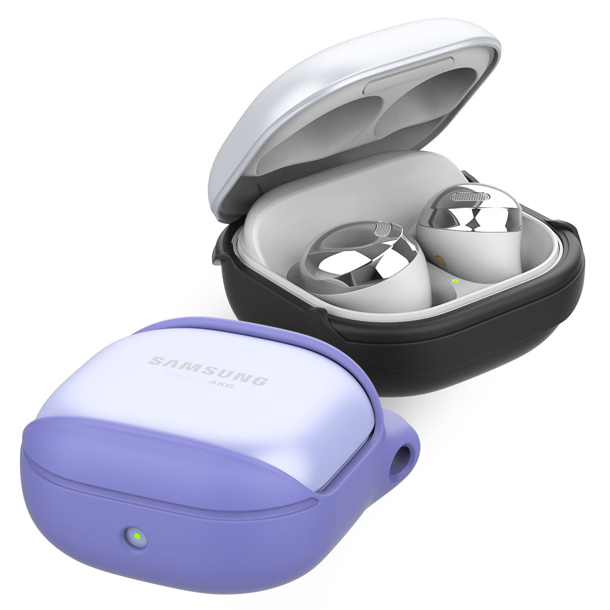 araree BEAN silicone cover for Galaxy Buds in Black and Purple on the charging case