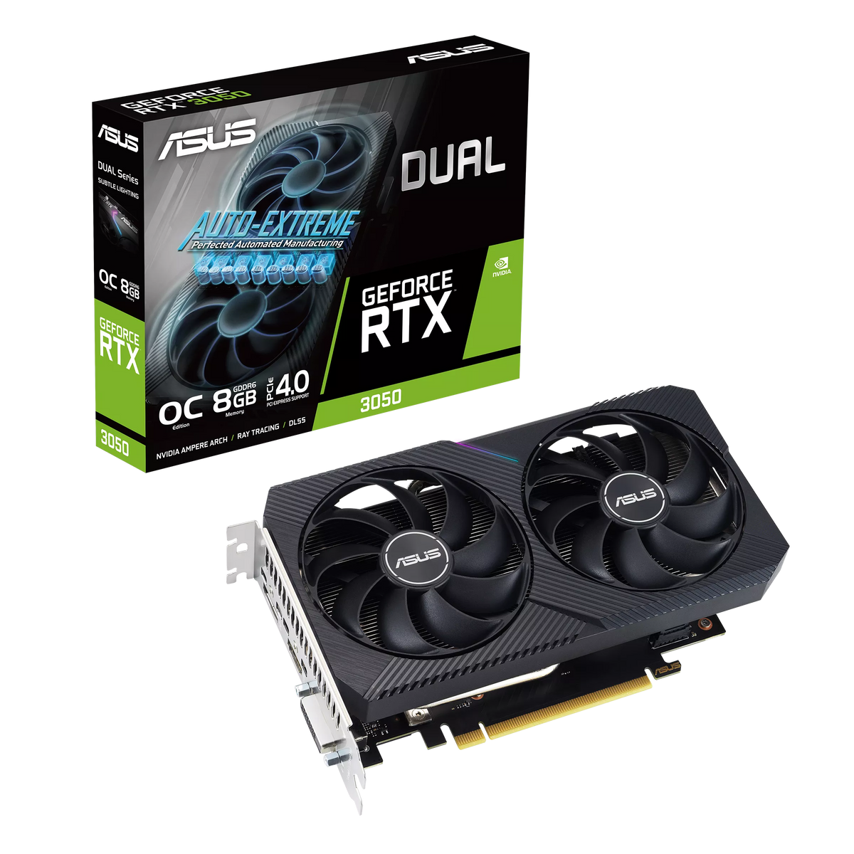ASUS Dual GeForce RTX 3050 V2 OC Edition 8GB GDDR6 graphics card with its retail box