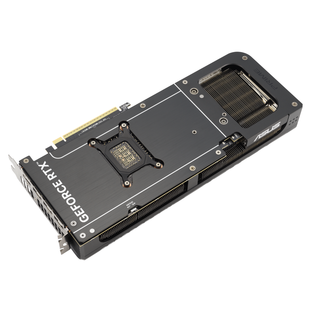 الظهر المعدني لكارت ASUS PRIME GeForce RTX 5080 EVO OC Edition 16GB GDDR7 وفيه فتحة تهوية نافذة
