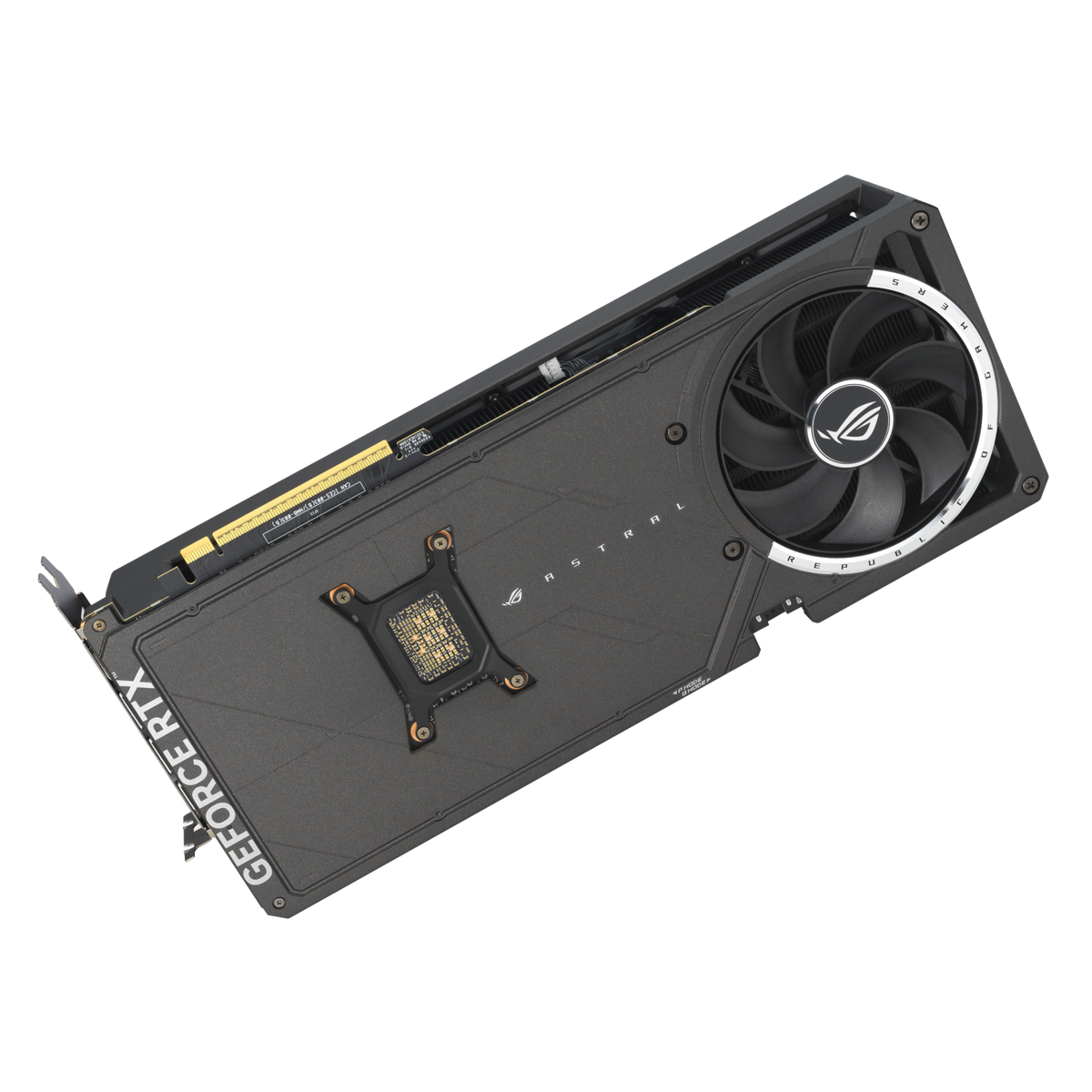 Backplate of the ASUS ROG Astral GeForce RTX 5080 OC Edition 16GB GDDR7 seen at an angle