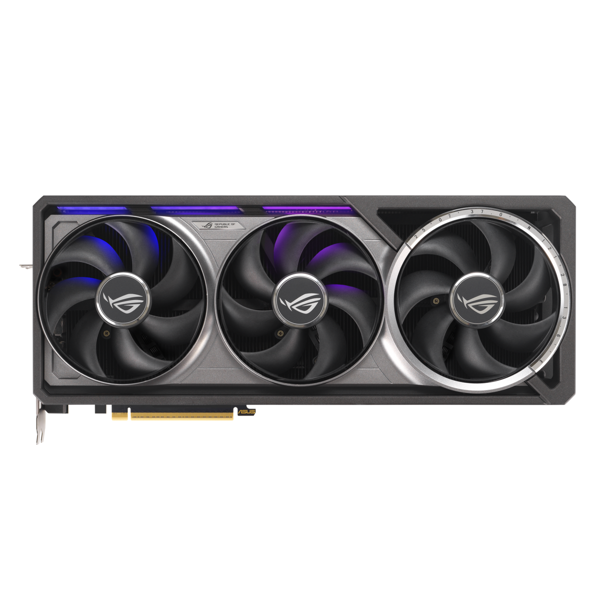 Front view of the ASUS ROG Astral GeForce RTX 5080 OC Edition 16GB GDDR7 triple-fan cooler