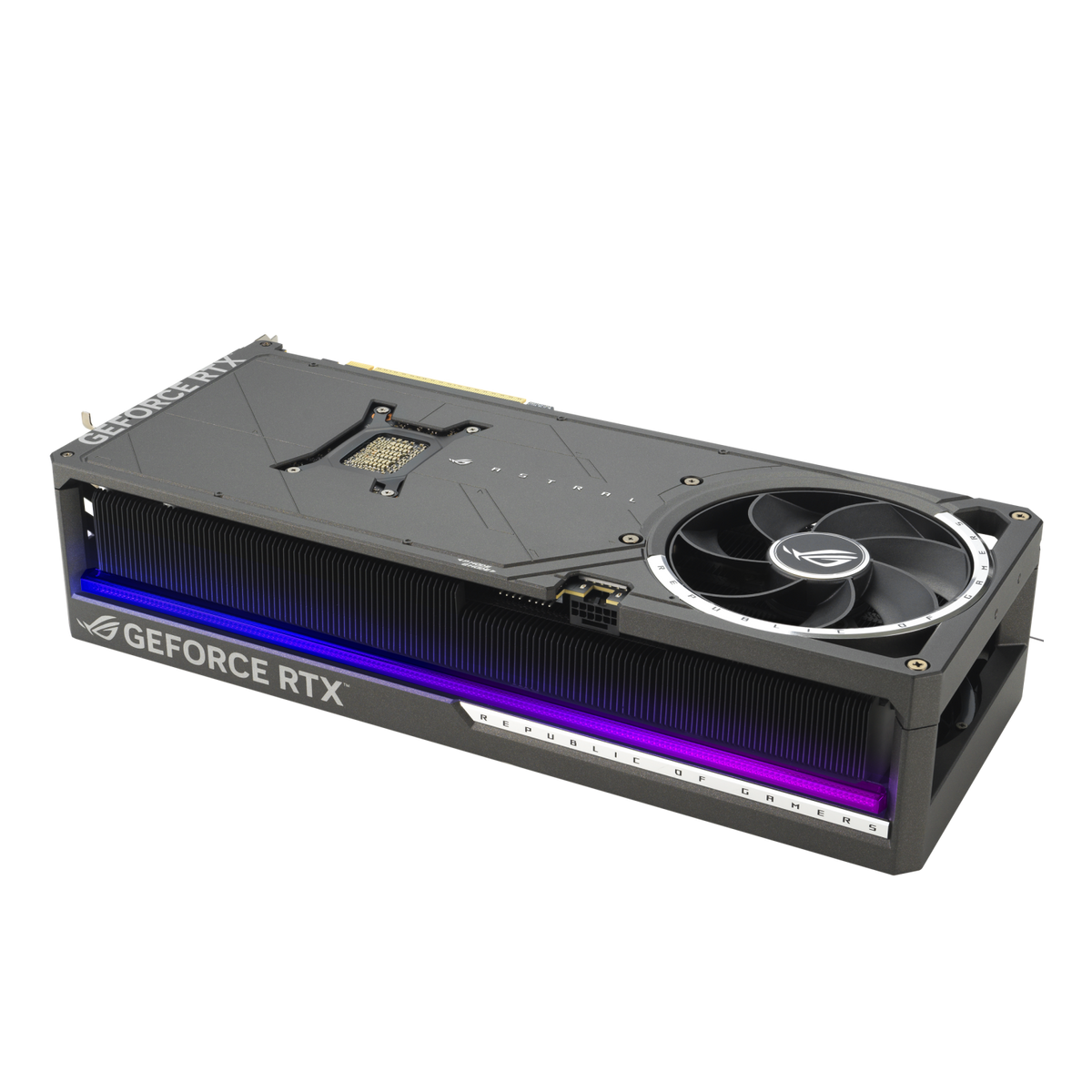 Side profile of the ASUS ROG Astral GeForce RTX 5080 OC Edition 16GB GDDR7 showing the lighting bar
