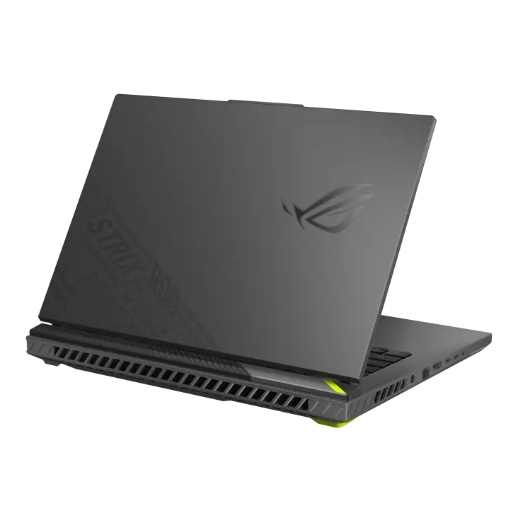 لابتوب ASUS ROG Strix G16 G614 من الخلف والغطاء مفتوح ويظهر شعار ROG