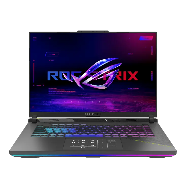 ASUS ROG Strix G16 G614PR front view with the RGB keyboard and NumberPad lit