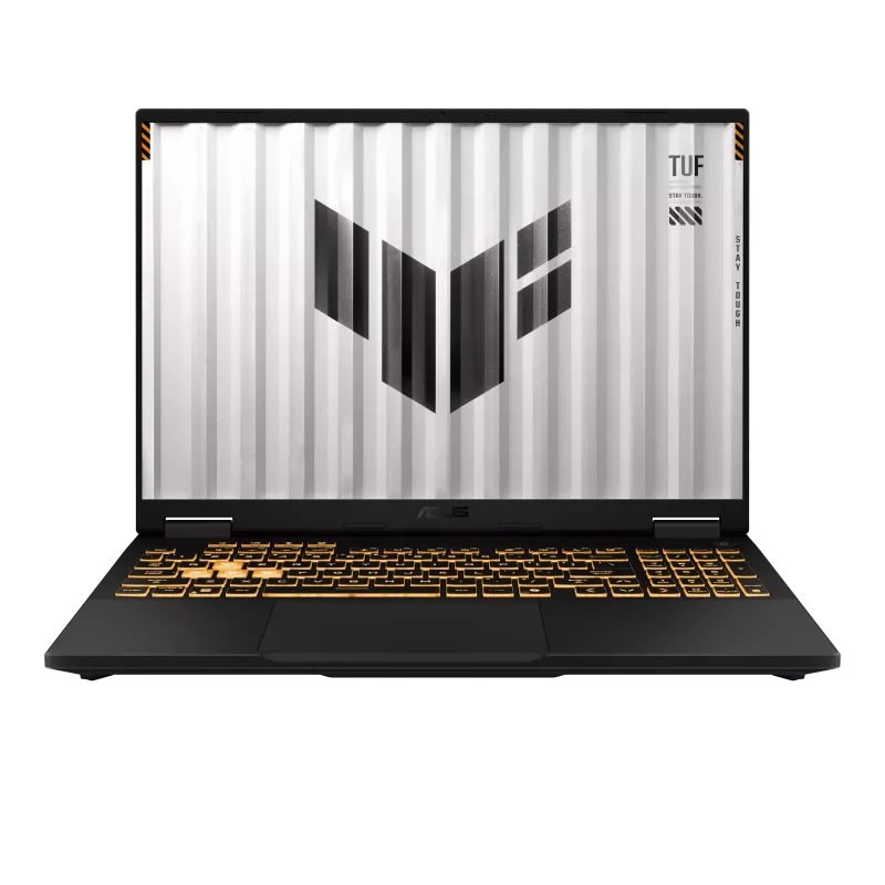 ASUS TUF F16 FX608JPR seen from a low front angle with the backlit keyboard