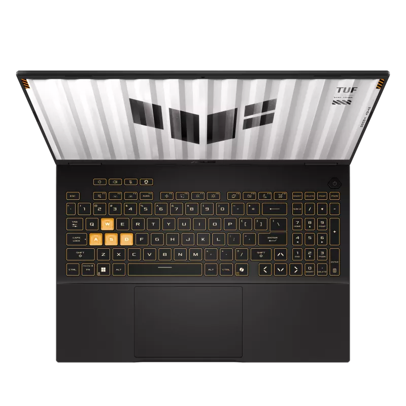 Top-down view of the ASUS TUF F16 FX608JPR keyboard and touchpad
