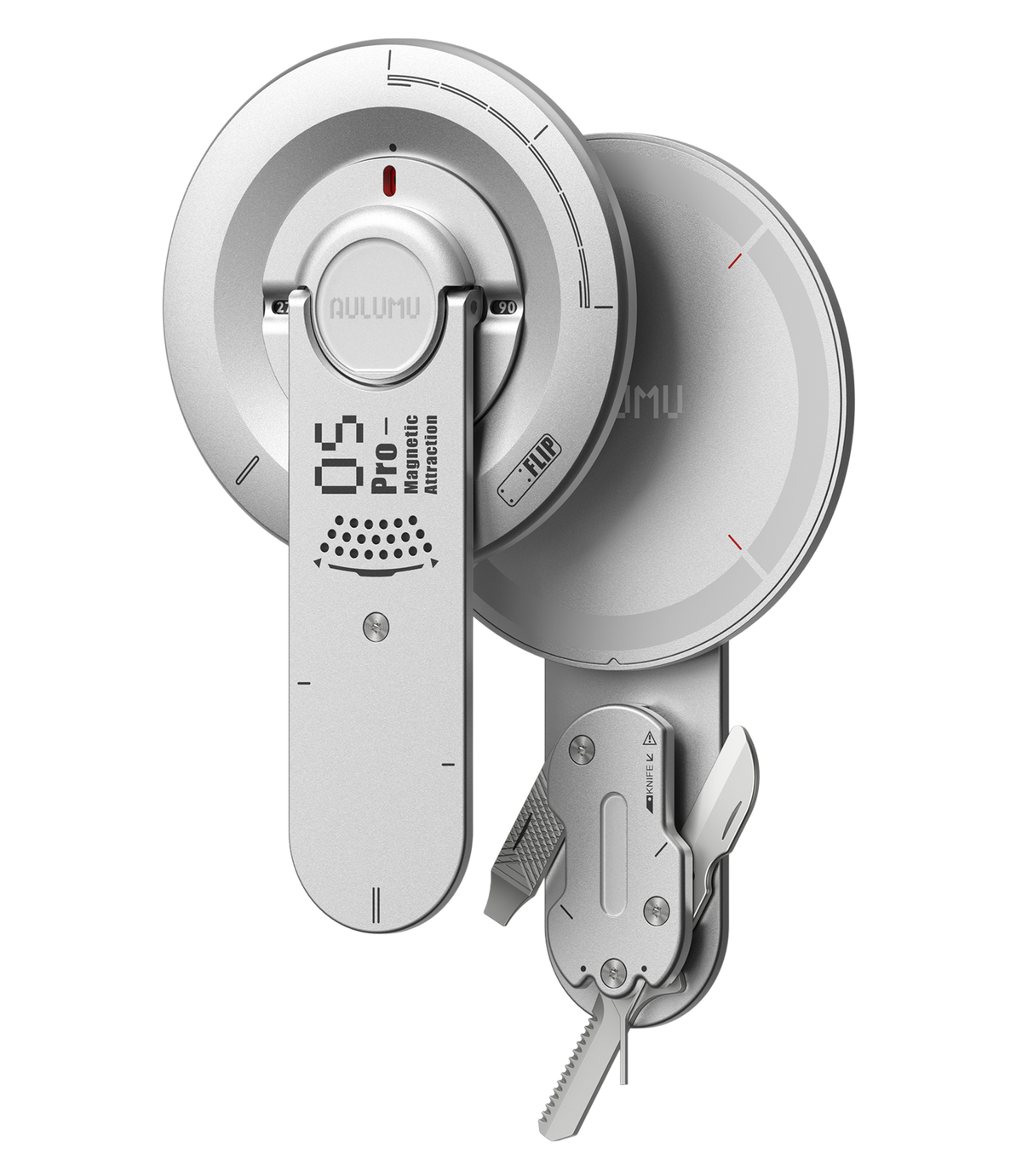 مسند موبايل مغناطيسي Aulumu G05 Pro باللون Mechanical Silver مع الأدوات المدمجة مفتوحة
