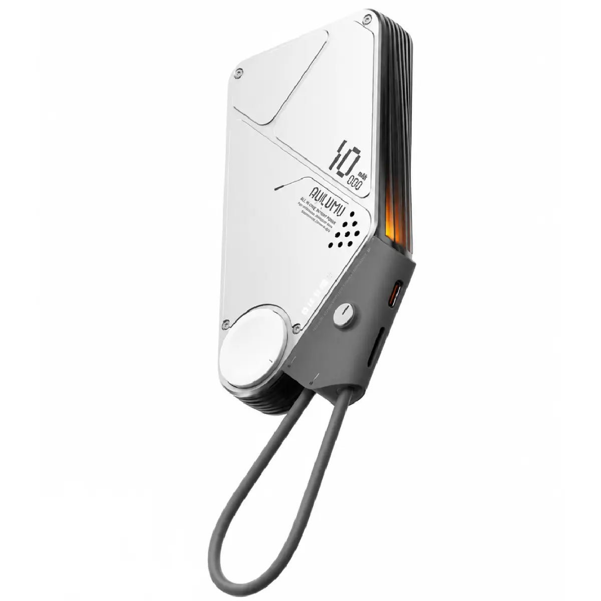 Aulumu M10 Power Bank Silver Angle View with Apple Watch Charger and USB C Port