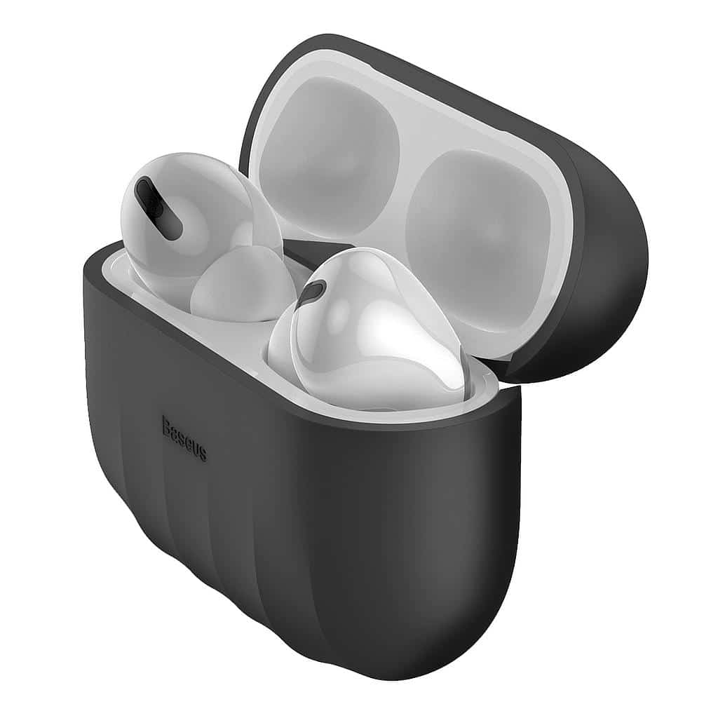 Black Baseus Shell Pattern silicone case on an open AirPods Pro charging case