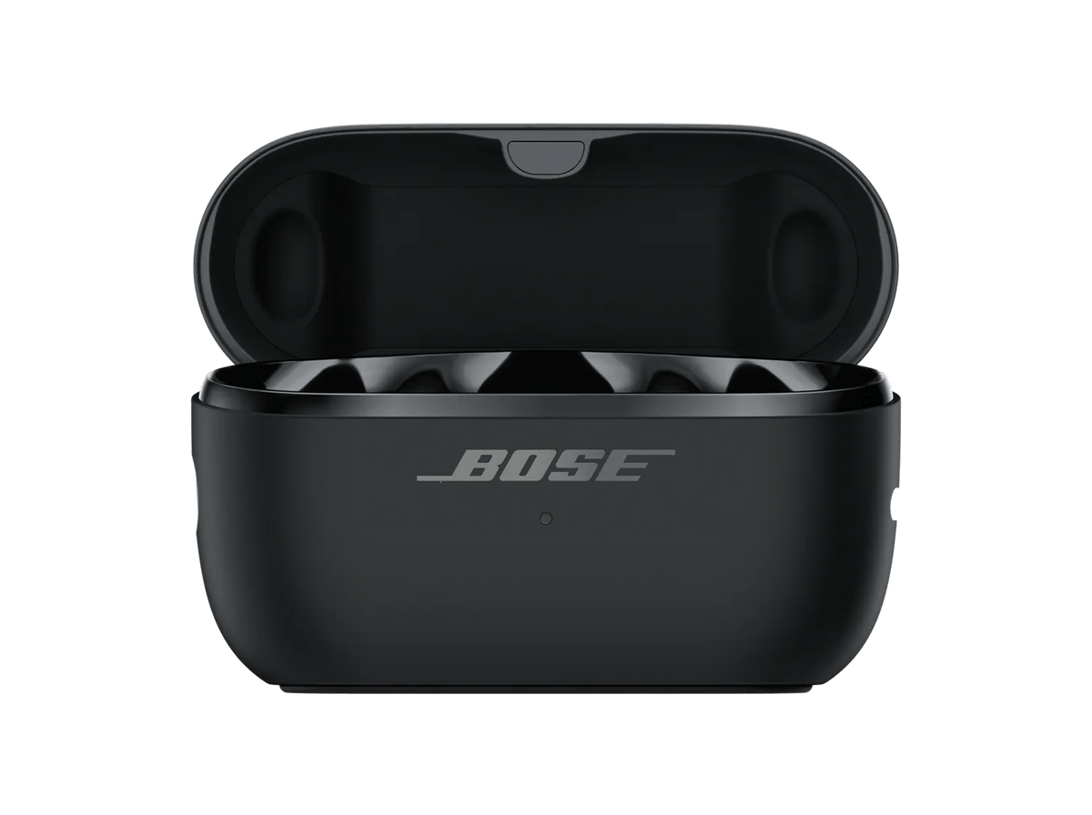 Bose Ultra Open Earbuds (2nd Gen) in Black, charging case open with the earbuds inside