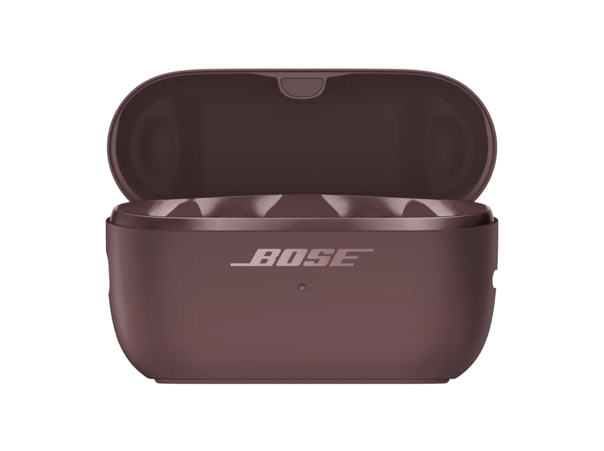 Bose Ultra Open Earbuds (2nd Gen) in Cherry Chocolate, charging case open with the earbuds inside