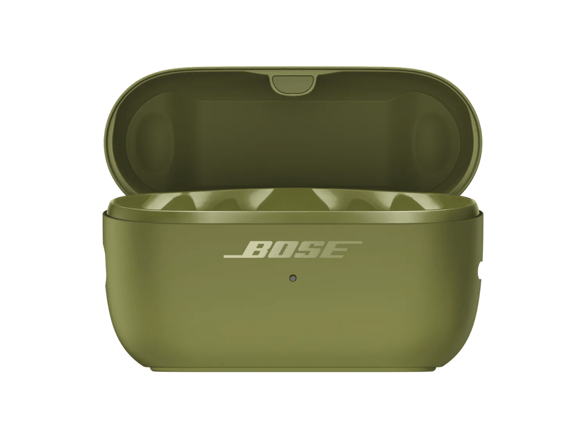Bose Ultra Open Earbuds (2nd Gen) in Olive Green, charging case open with the earbuds inside