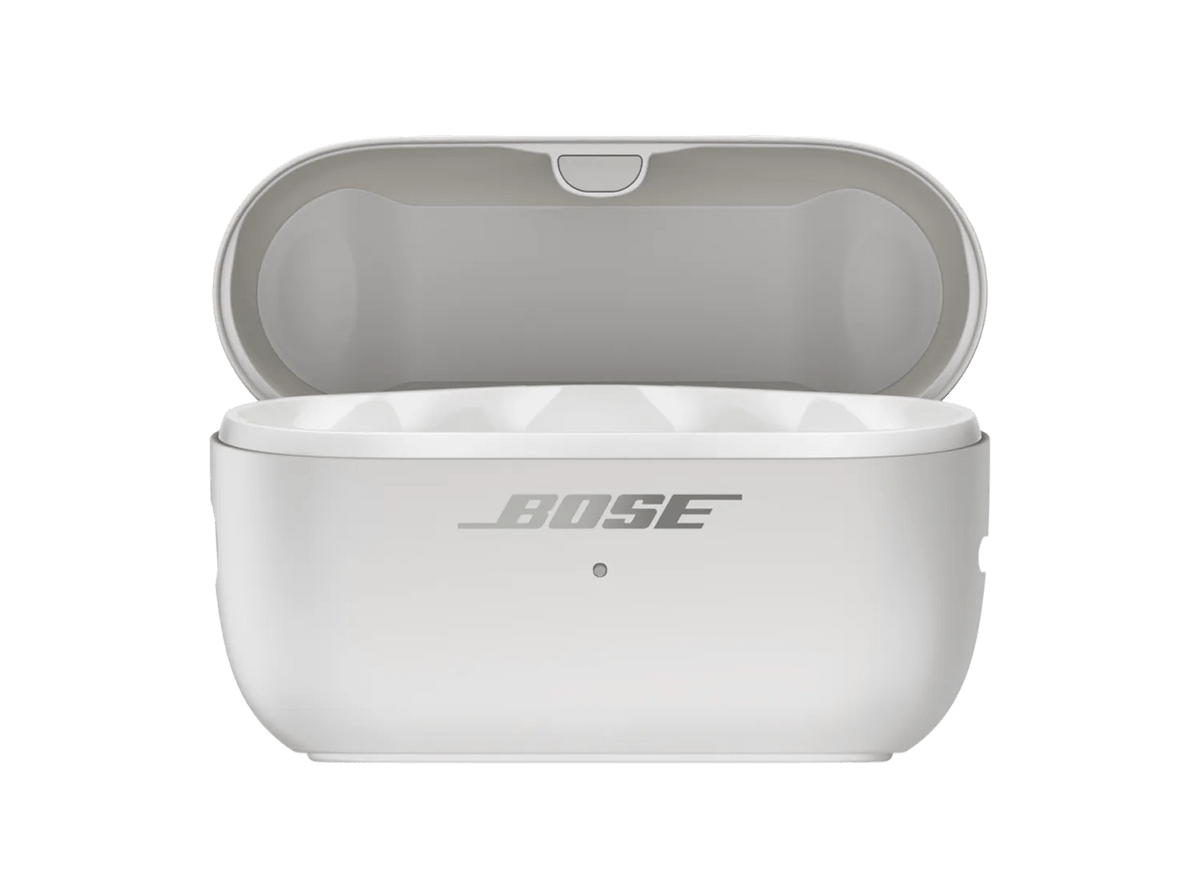 Bose Ultra Open Earbuds (2nd Gen) in White Smoke, charging case open with the earbuds inside