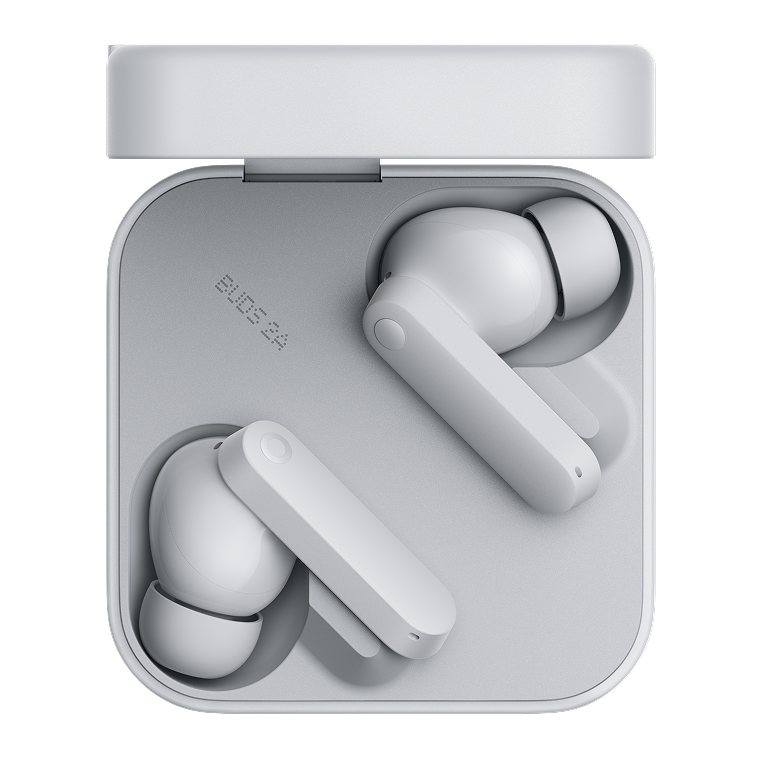 سماعة CMF Buds 2a باللون Light Grey مع علبة الشحن مفتوحة