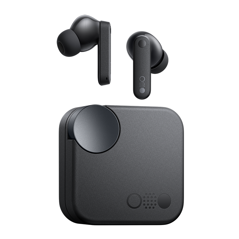 CMF Buds in Dark Grey with the earbuds above the charging case