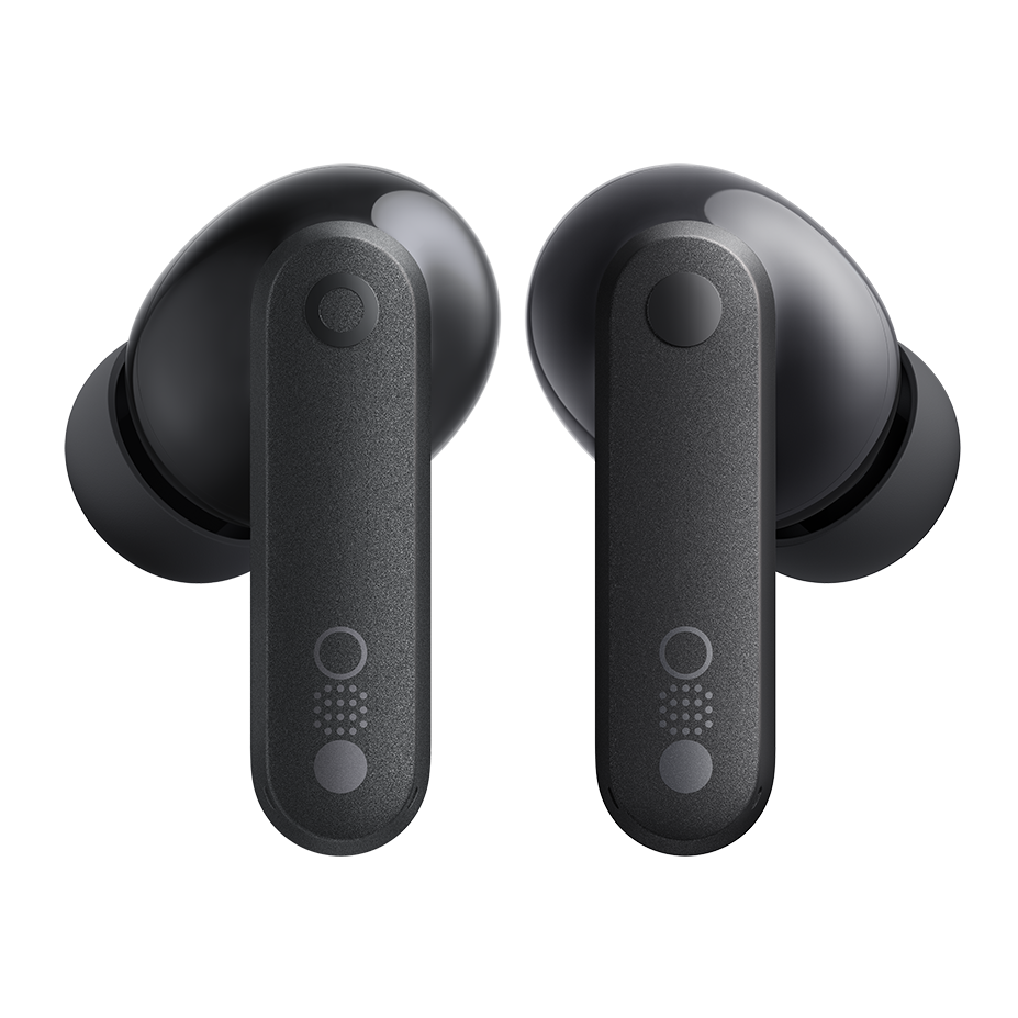 Close-up of CMF Buds earbuds in Dark Grey