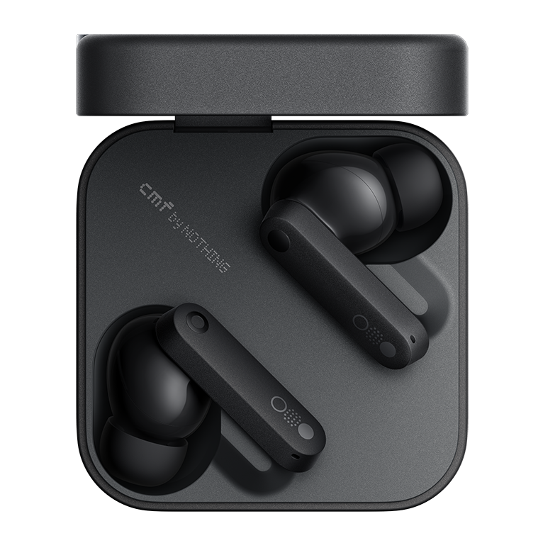 CMF Buds in Dark Grey inside the open charging case, top view