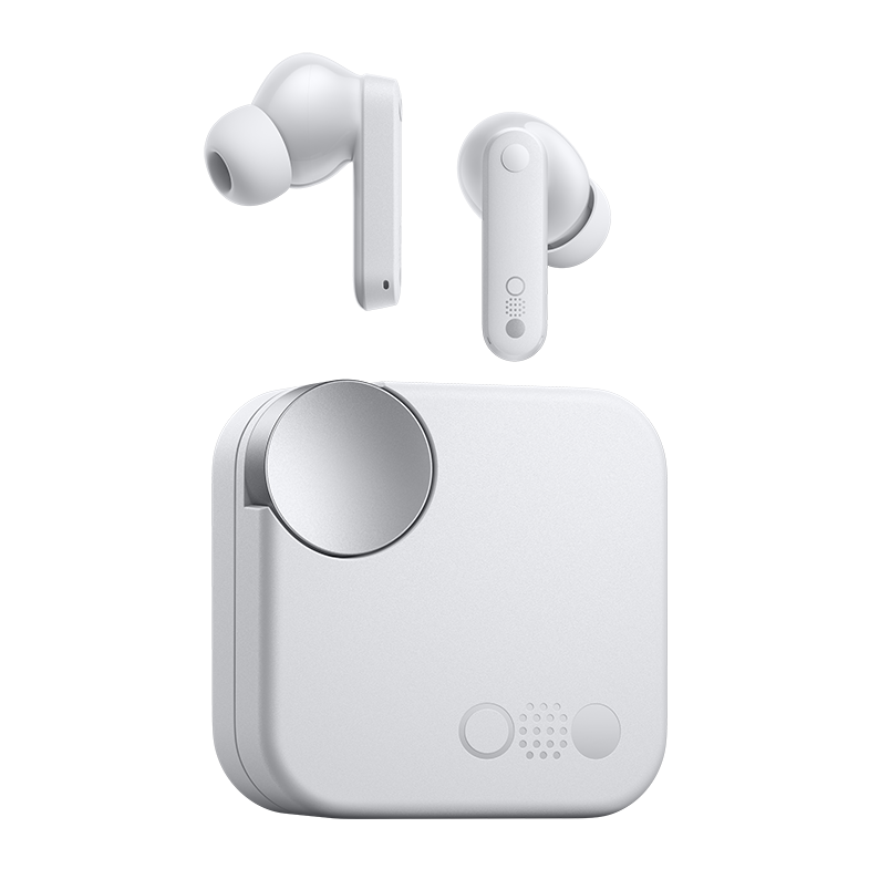 CMF Buds in Light Grey with the earbuds above the charging case