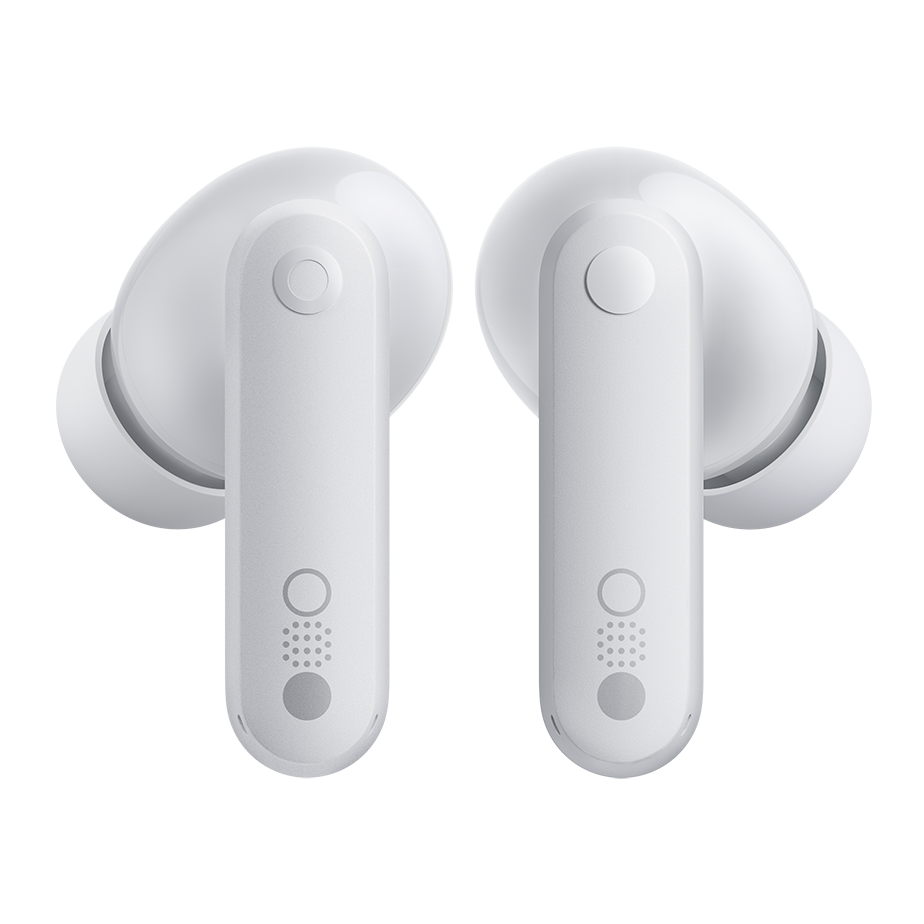 Close-up of CMF Buds earbuds in Light Grey
