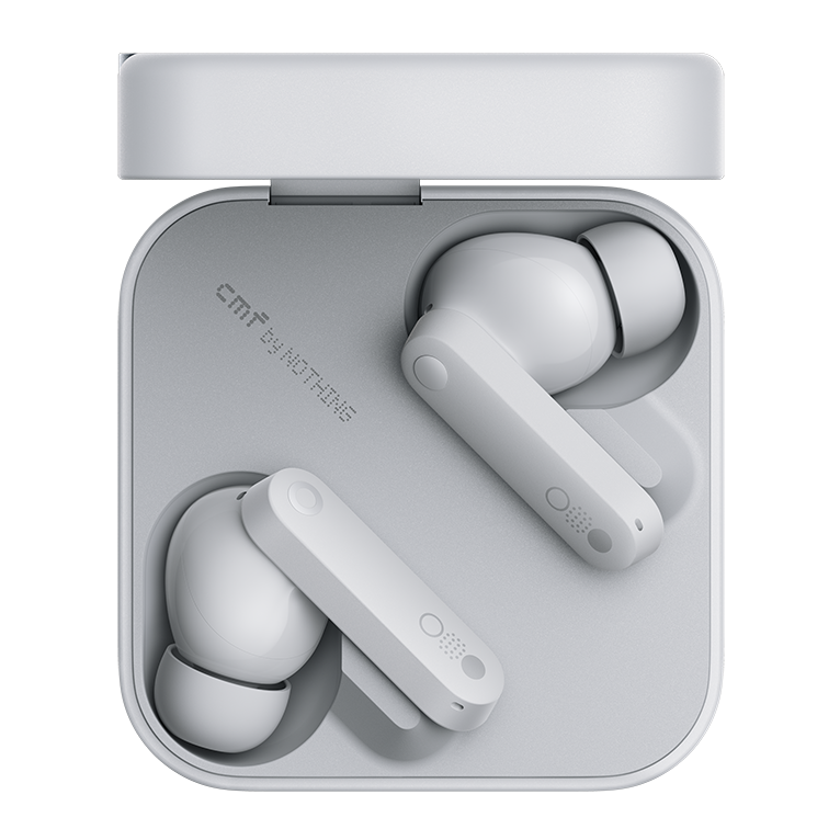 CMF Buds in Light Grey inside the open charging case, top view
