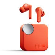 CMF Buds in Orange with the earbuds above the charging case