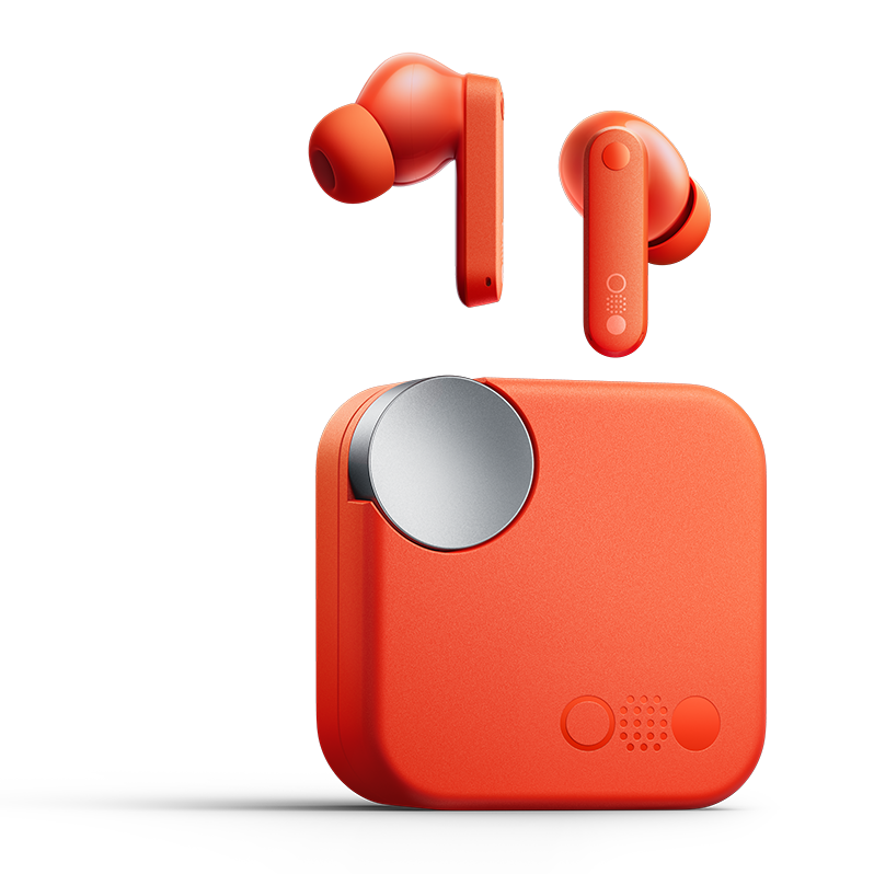 CMF Buds in Orange with the earbuds above the charging case