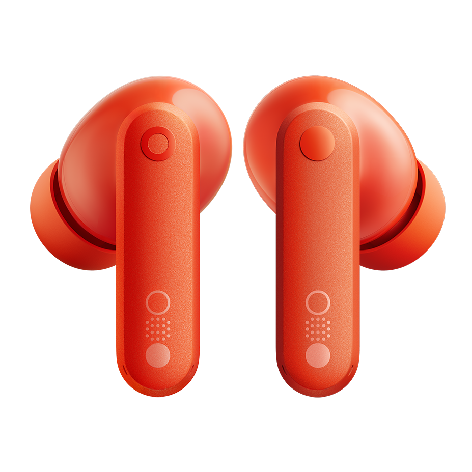 Close-up of CMF Buds earbuds in Orange