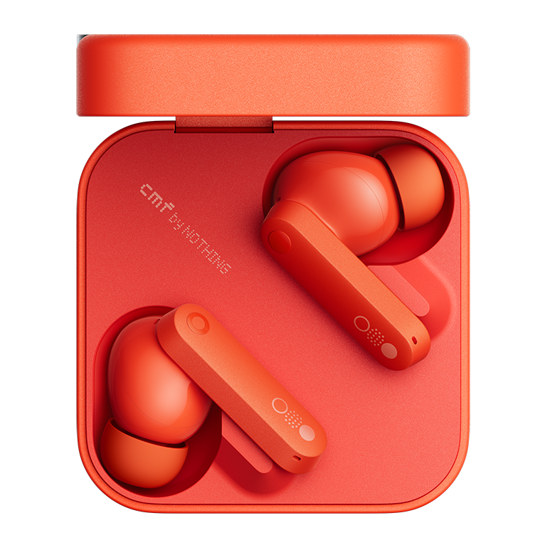 CMF Buds in Orange inside the open charging case, top view