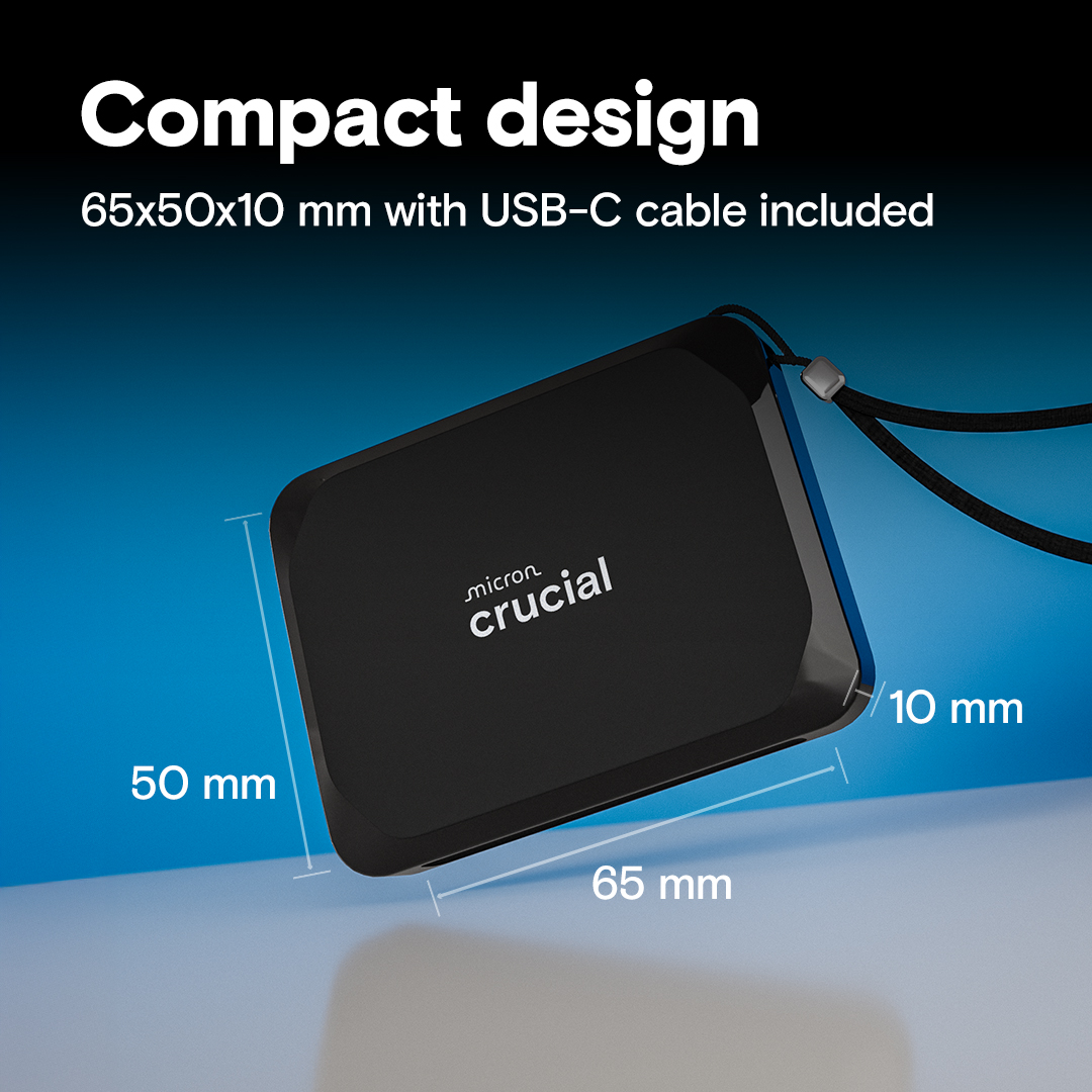 أبعاد هارد SSD خارجي كروشال Crucial X9 ‏65 × 50 × 10 مم مع كابل USB-C