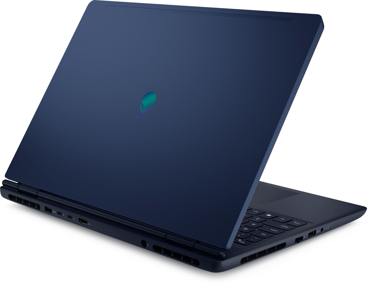 DELL Alienware 16 Aurora seen from behind showing the lid and left-side ports