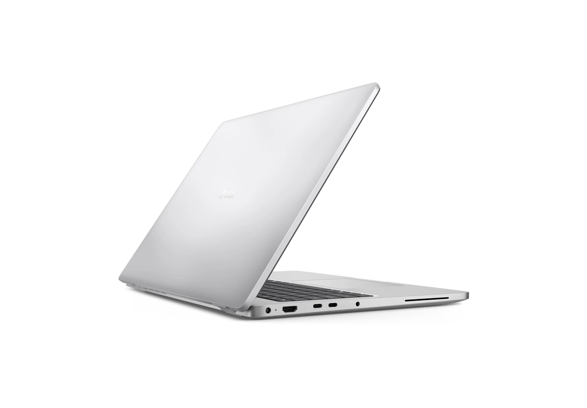 DELL Pro 16 seen from behind at a left angle with the lid open