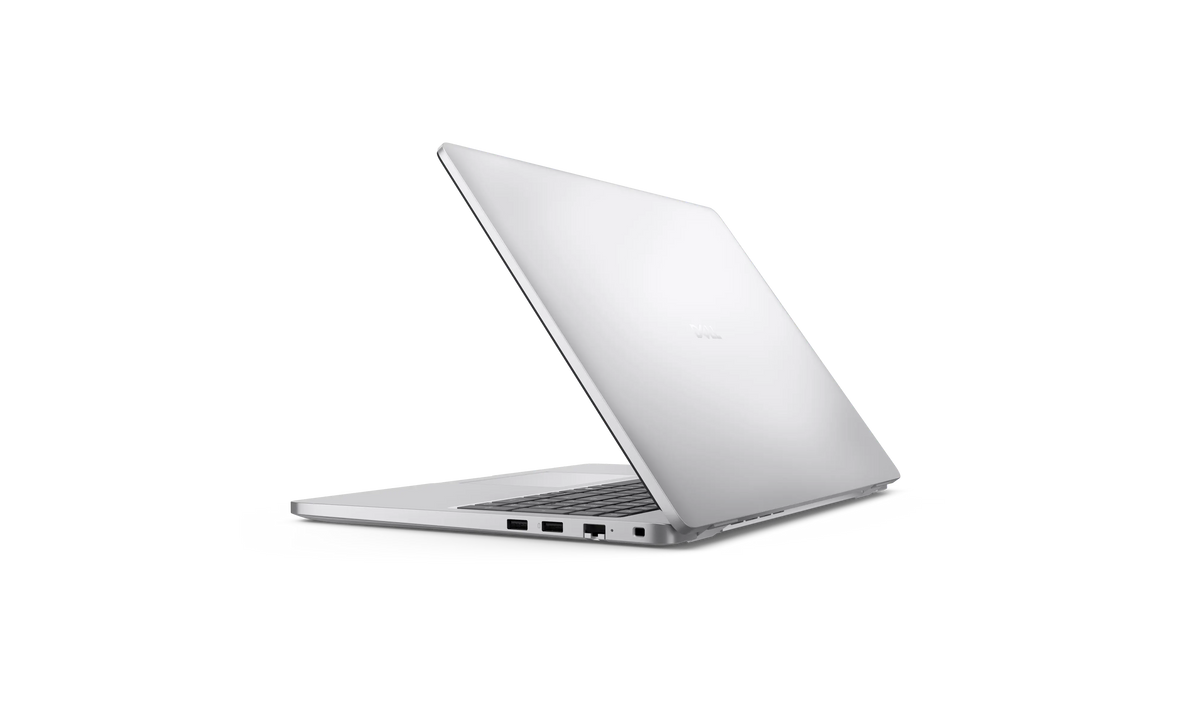 DELL Pro 16 seen from behind at a right angle with the lid open