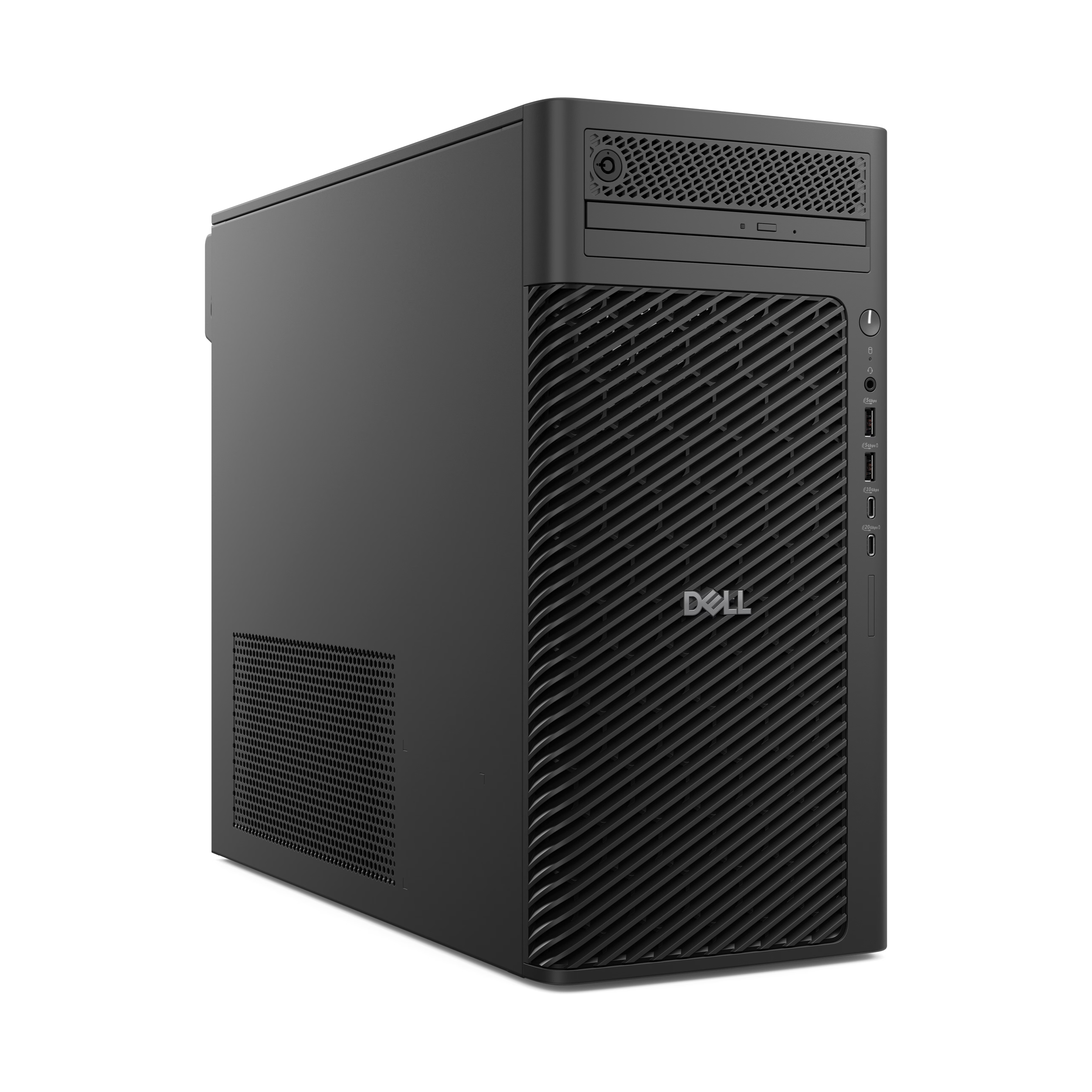 كمبيوتر مكتبي DELL Pro Max Tower T2 من الأمام بزاوية، والغطاء الجانبي ظاهر على اليسار