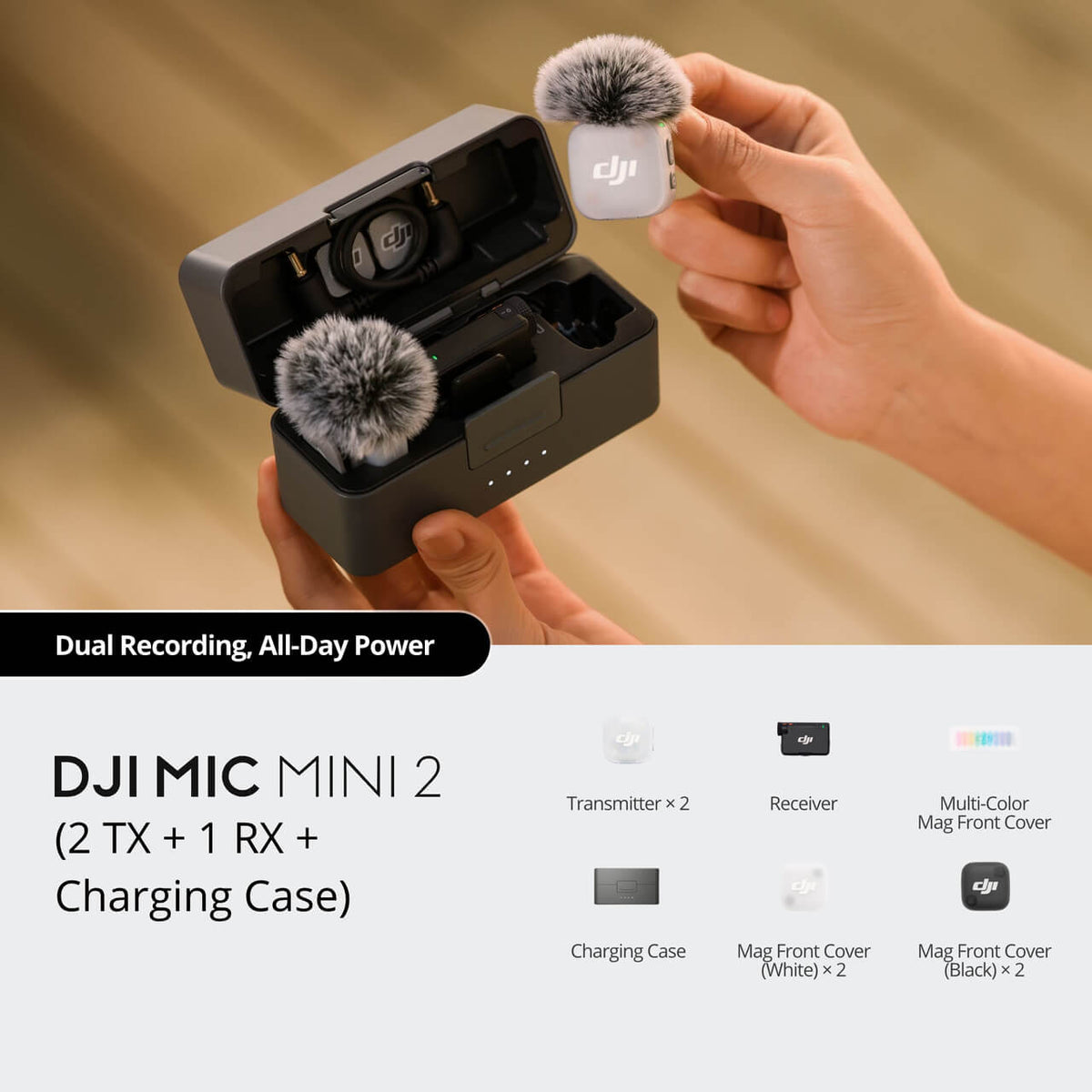 نظرة على طقم DJI Mic Mini 2 بمرسلين وجهاز استقبال وعلبة شحن مع الأغطية الأمامية المغناطيسية