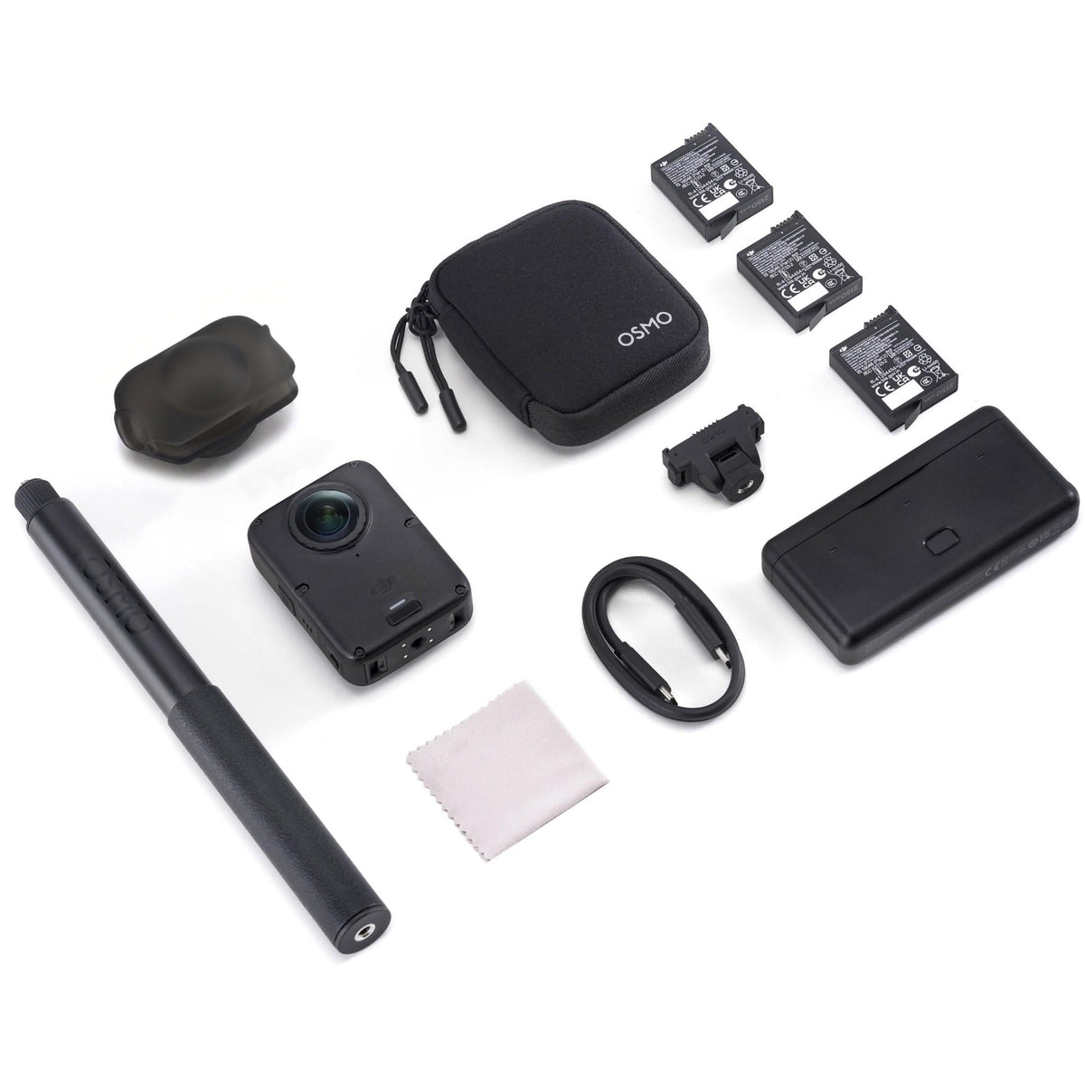 DJI Osmo 360 II Adventure Combo contents with camera, three batteries, battery case, invisible selfie stick, mount, pouch and cable