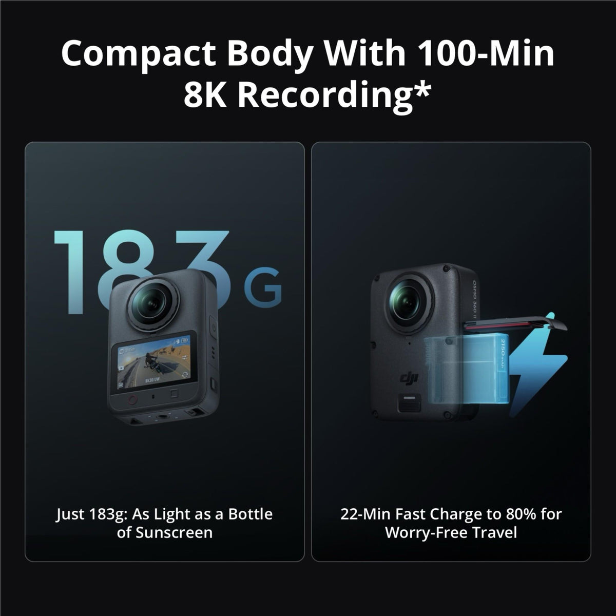DJI Osmo 360 II compact body with up to 100 minutes of 8K recording