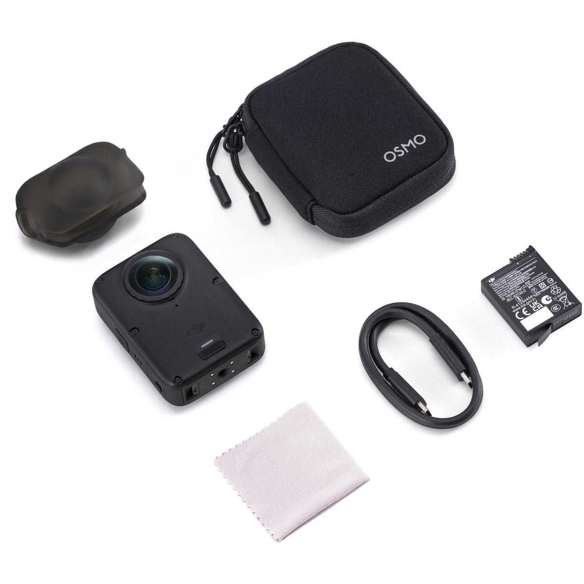 DJI Osmo 360 II Standard Combo contents with camera, battery, protective pouch, lens cap, cleaning cloth and USB-C cable