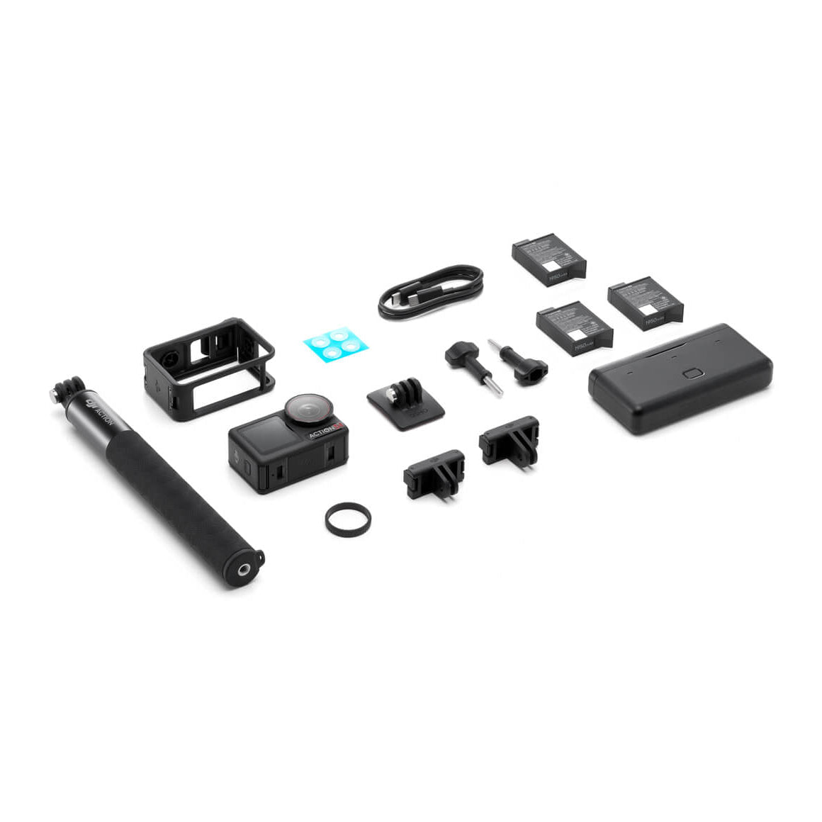 DJI Osmo Action 5 Pro Adventure Combo contents with three batteries, battery case, 1.5 m extension rod, protective frame and mounts
