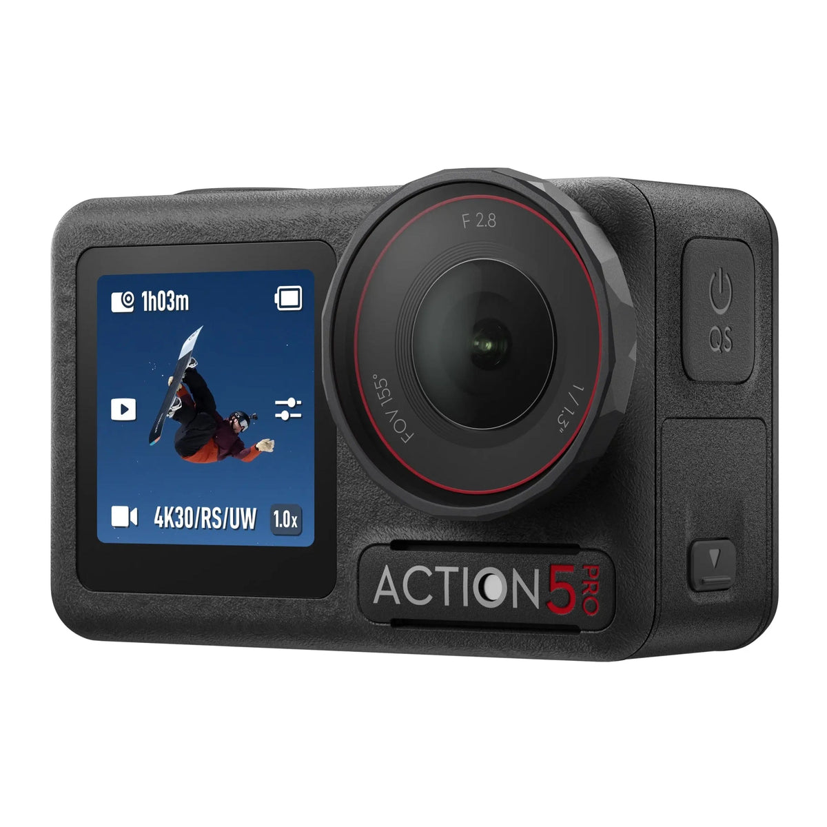 DJI Osmo Action 5 Pro angled front view with side buttons