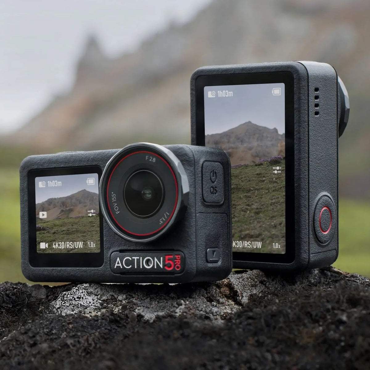 Two DJI Osmo Action 5 Pro cameras outdoors showing the front and rear screens