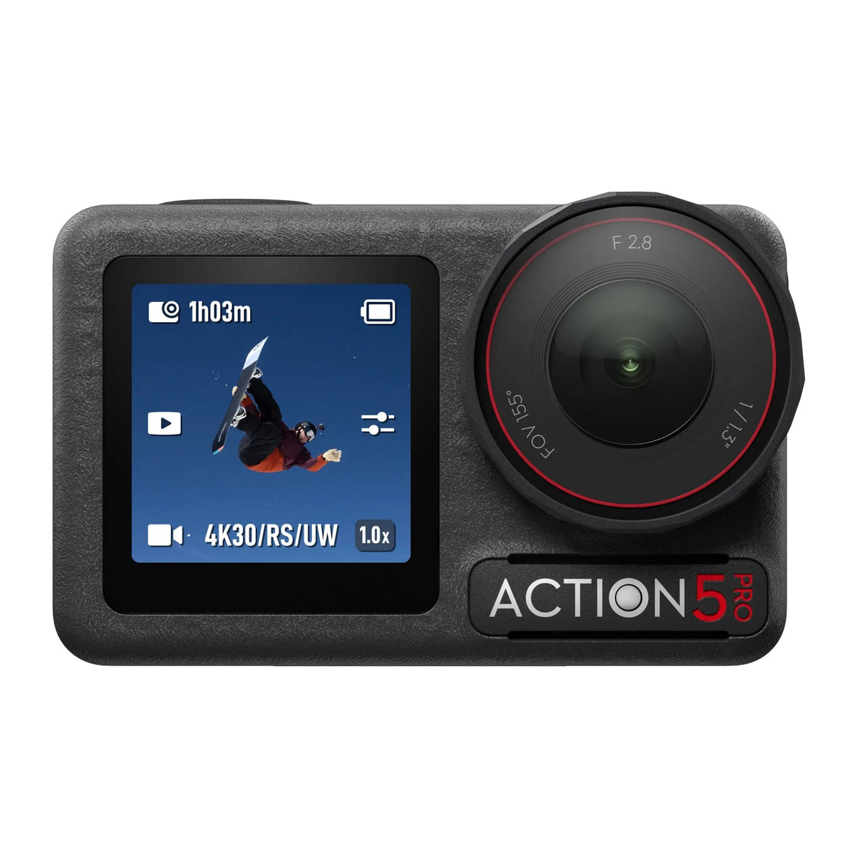 DJI Osmo Action 5 Pro front view with lens and front OLED screen