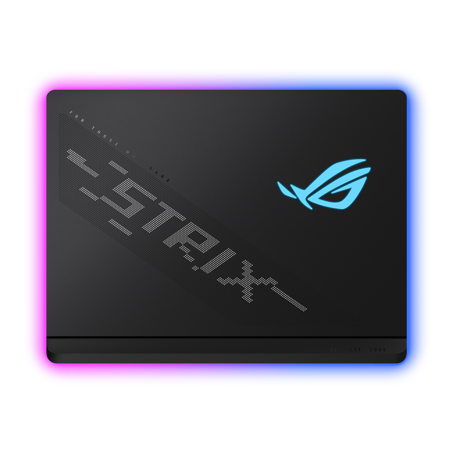 ASUS ROG Strix SCAR 16 lid from above with the ROG logo and light bar