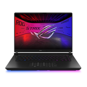 ASUS ROG Strix SCAR 16 gaming laptop open, front view with RGB keyboard and light bar