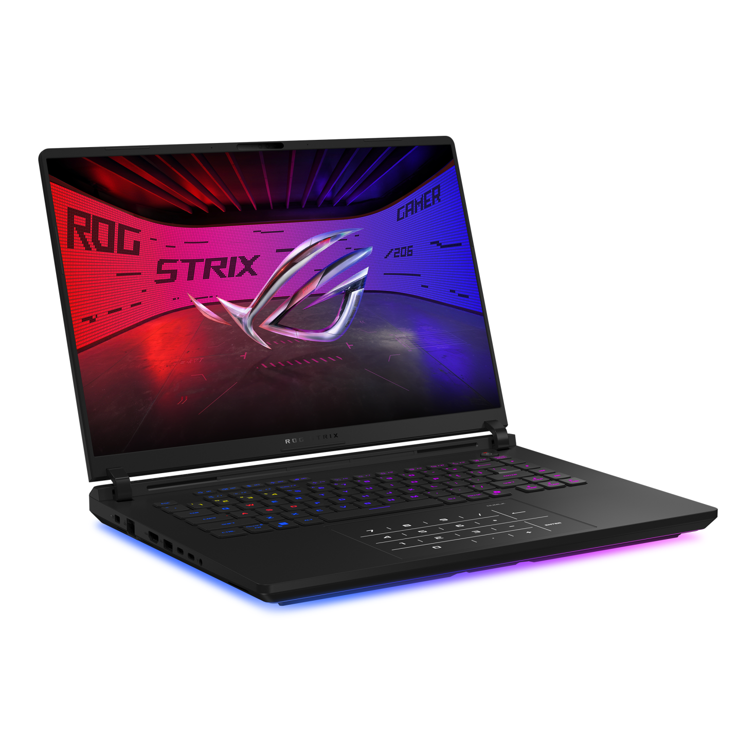 ASUS ROG Strix SCAR 16 open, three-quarter view from the left