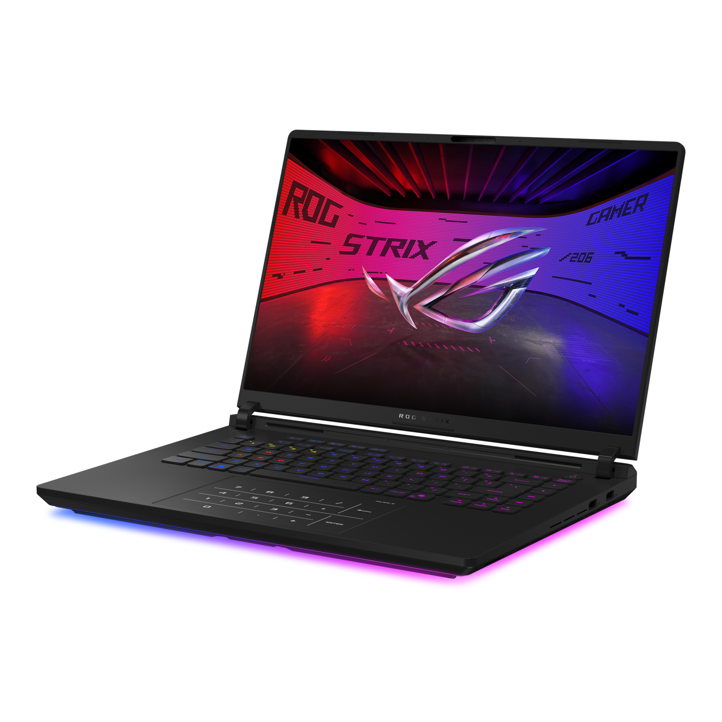 ASUS ROG Strix SCAR 16 open, three-quarter view from the right