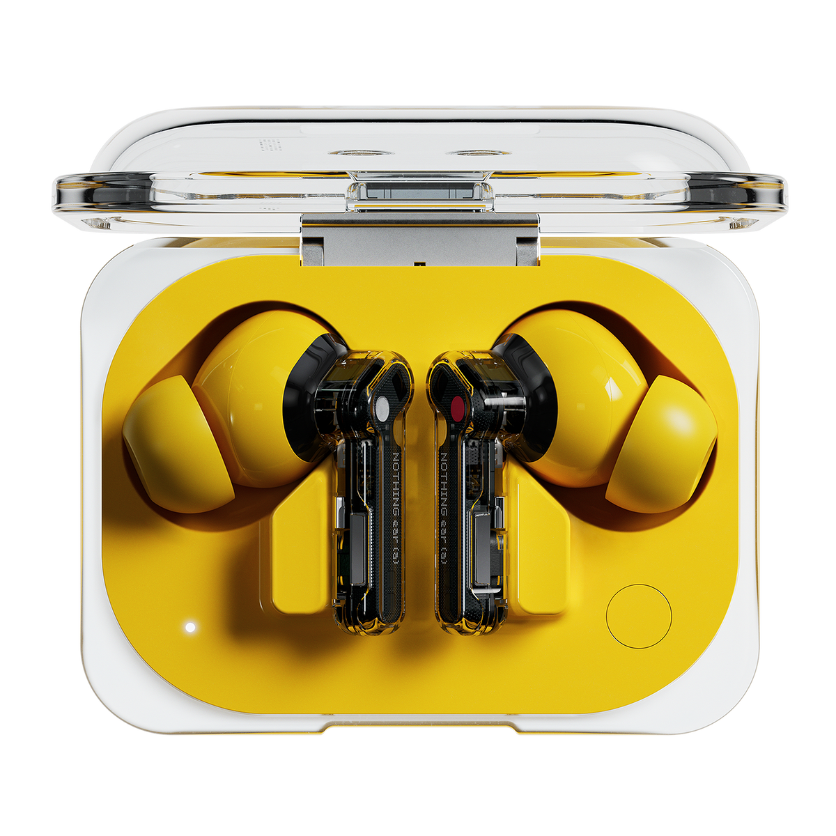 Nothing Ear (a) in Yellow inside the open transparent charging case