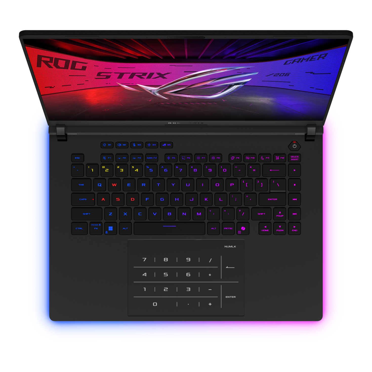 ASUS ROG Strix SCAR 16 keyboard from above with per-key RGB and NumberPad touchpad