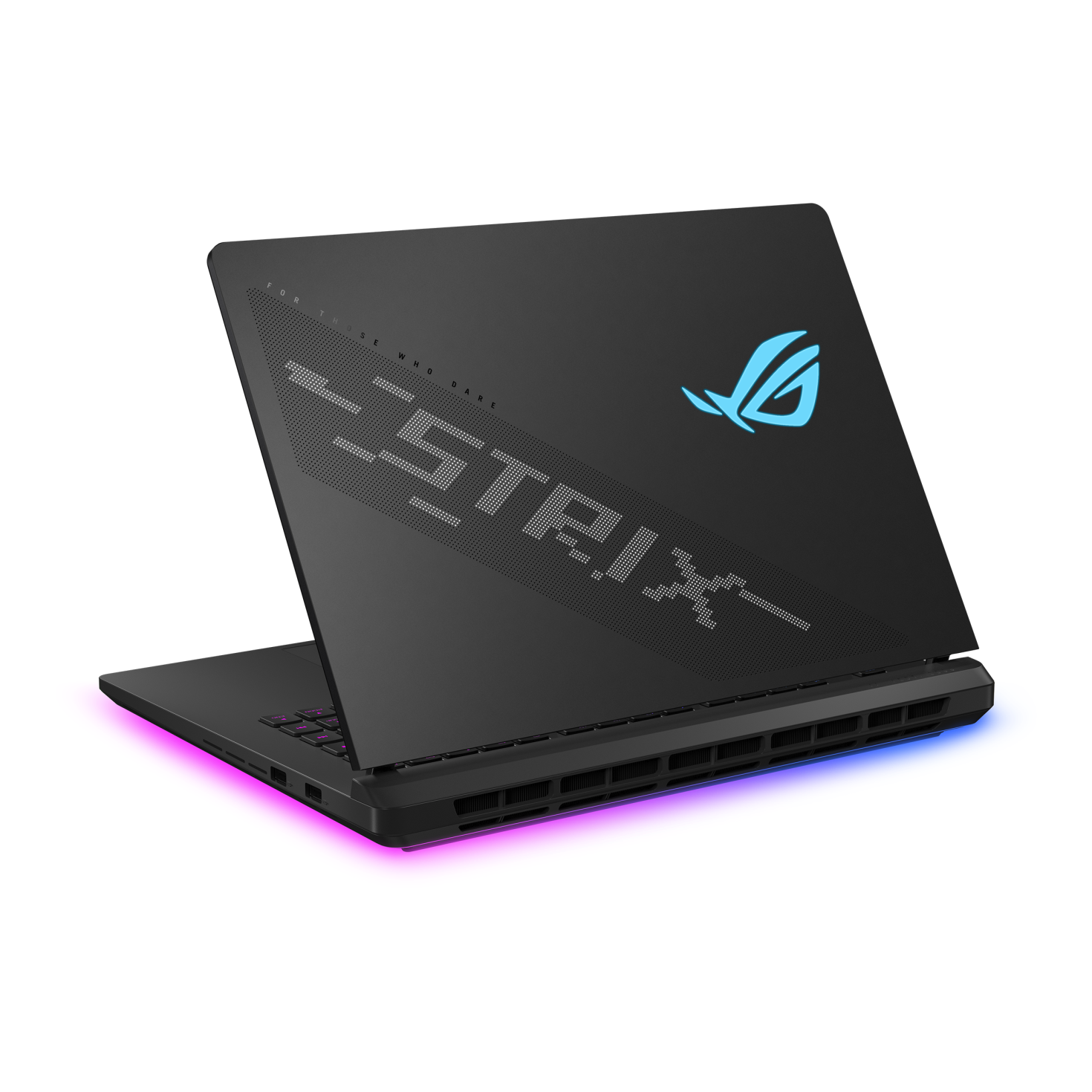 ASUS ROG Strix SCAR 16 lid with the ROG logo, rear three-quarter view
