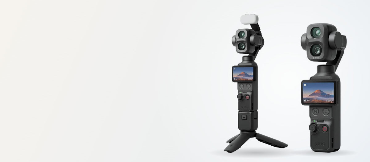 DJI Osmo Pocket 4P vlog camera with its two lenses, on a mini tripod and on its own